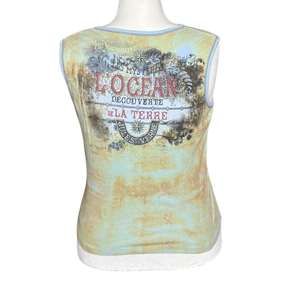 Vintage Y2K Blue Tan Rhinestone Graphic Tank 100% Cotton. Large. Western Artsy - Picture 4 of 11